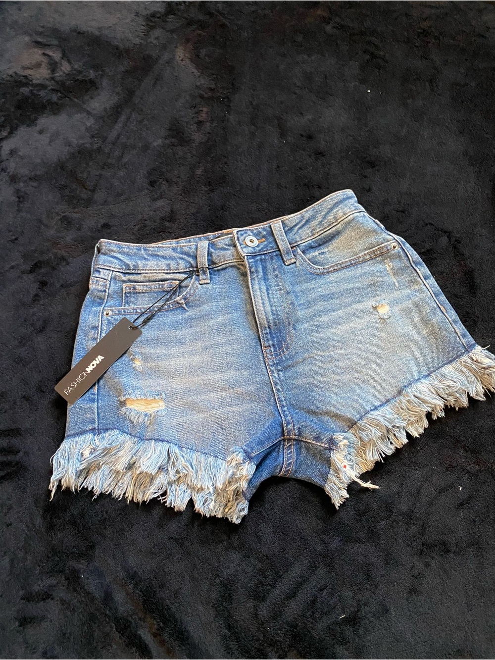 Fashion Nova Light Blue Distressed Fringed Denim Shorts